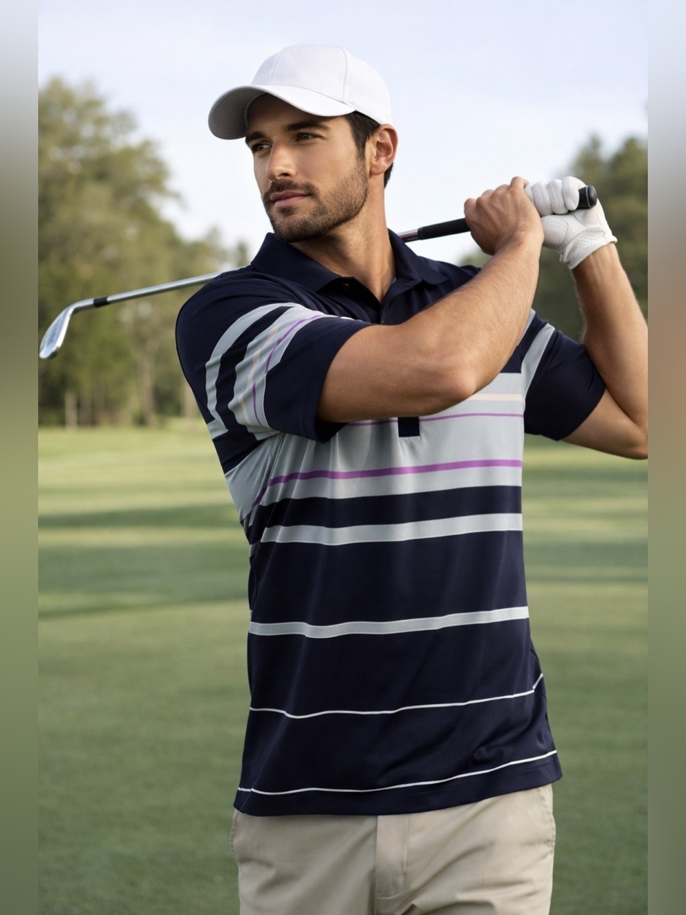 Mens Nike Golf dri-fit polo shirt sz M Blue Striped Quarter Button Purple Logo